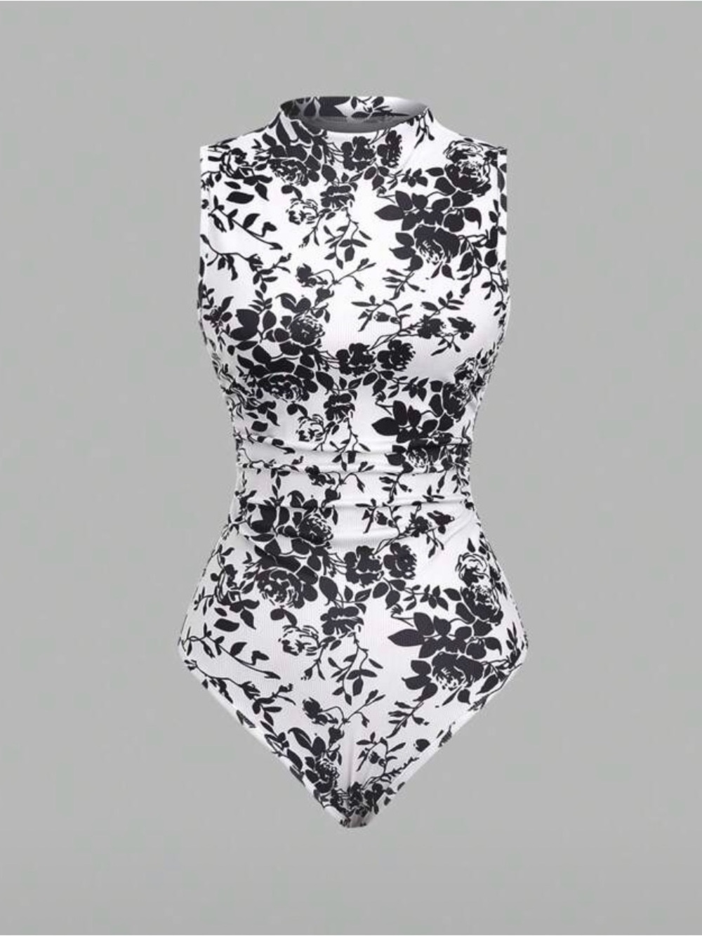 NEW! High-Neck Black & White Floral One-Piece Bodysuit